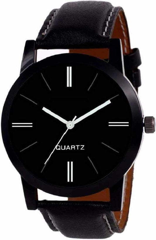 Men's Black Analog Watch with Leather Strap